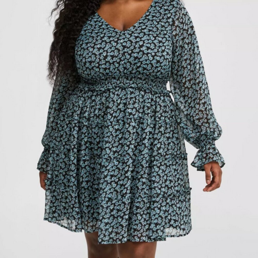 Torrid Mini Lurex Chiffon Tiered Dress 2X 18-20 Painted Roses Floral Black Gold